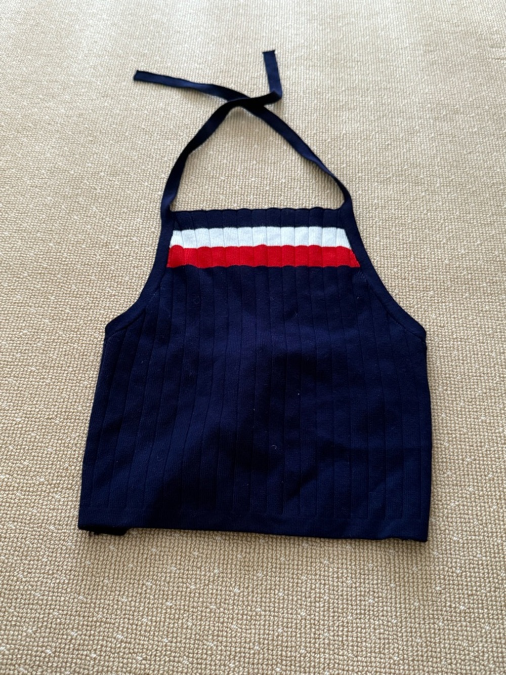 Navy Knit Halter Crop Top with Red and White Stripe